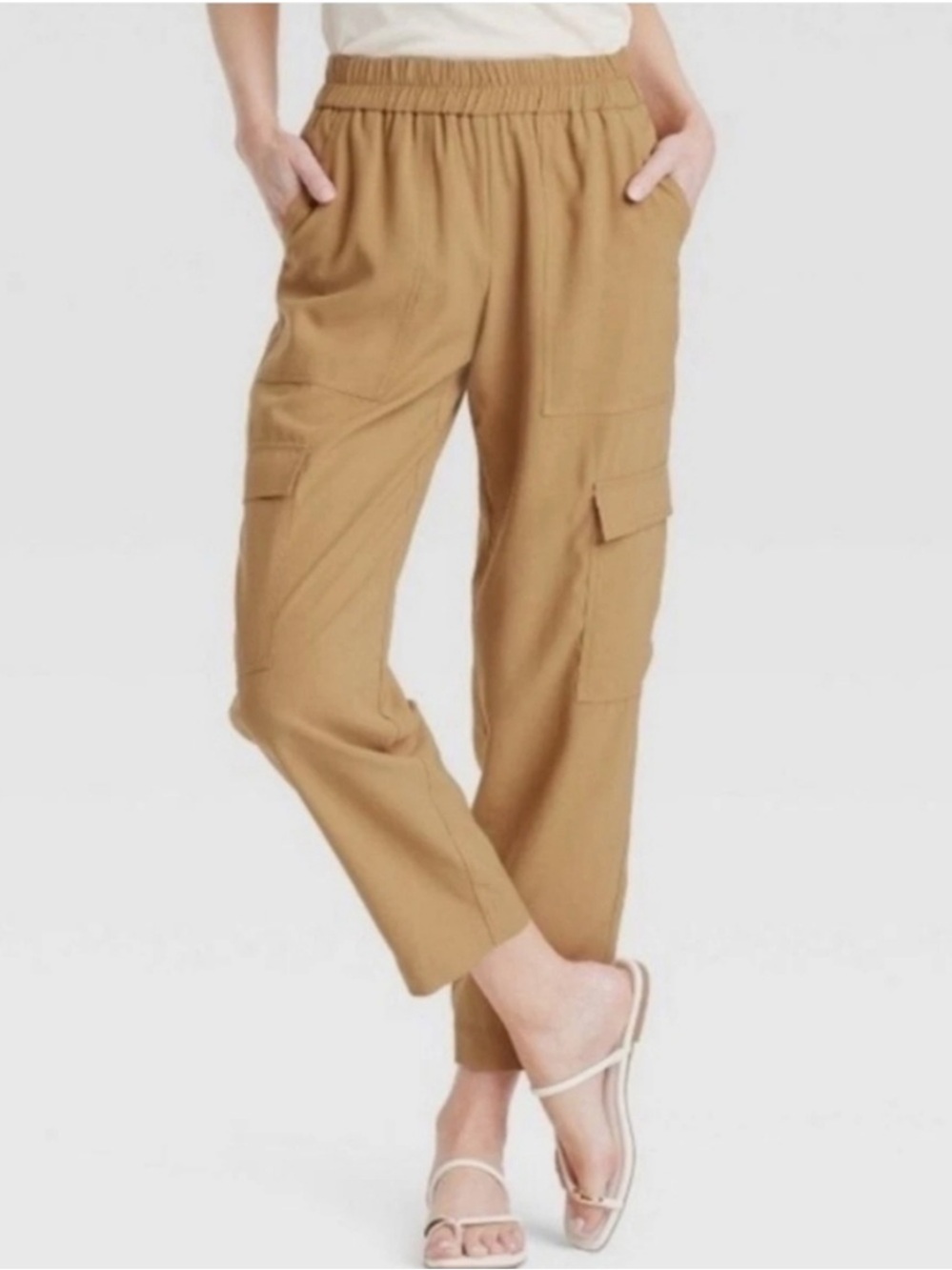A New Day Pull On Elastic Waist High Rise Relaxed Cargo Pants Tan L NWT